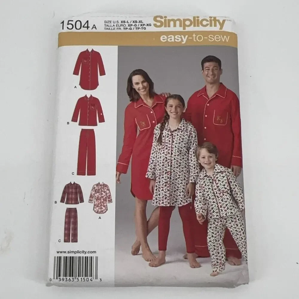 UNCUT Simplicity 1504A Easy-to-Sew Family Pajamas Sewing Pattern XS-XL Holidays